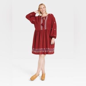 Women's Plus Size Balloon Long Sleeve Embroidered Dress - Knox Rose™ Maroon